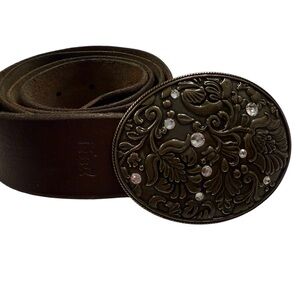 Fossil Brown Leather Belt with Ornate Buckle, Size Large